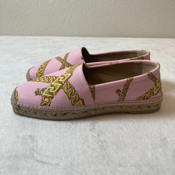 Versace Chain-Print Cotton Espadrille Loafers Pink Size 10B New In Box Authentic - Picture 9 of 13